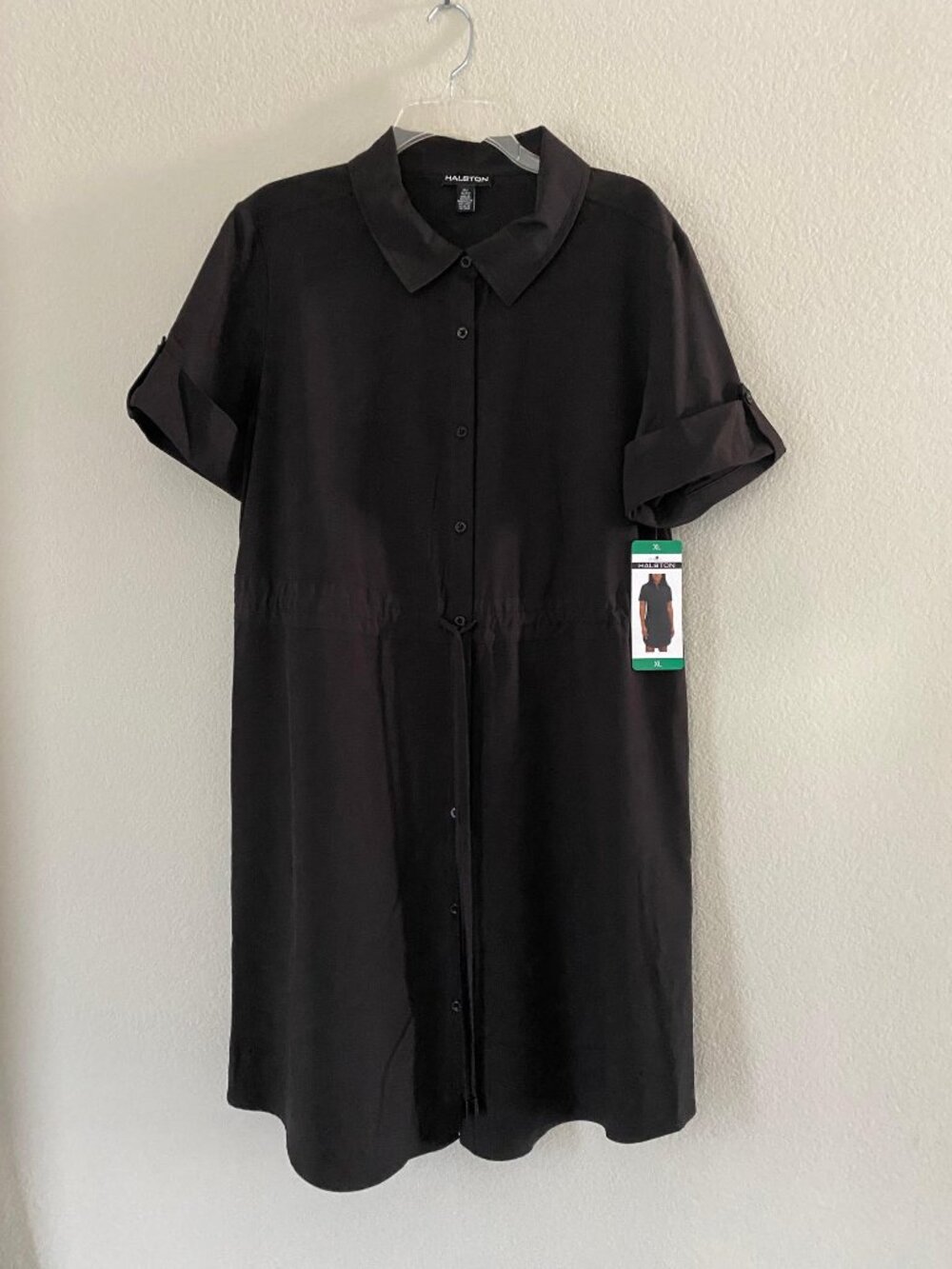 NEW Halston Women's Stretch Short Sleeve Dress with Drawcord Waist, Black, XL